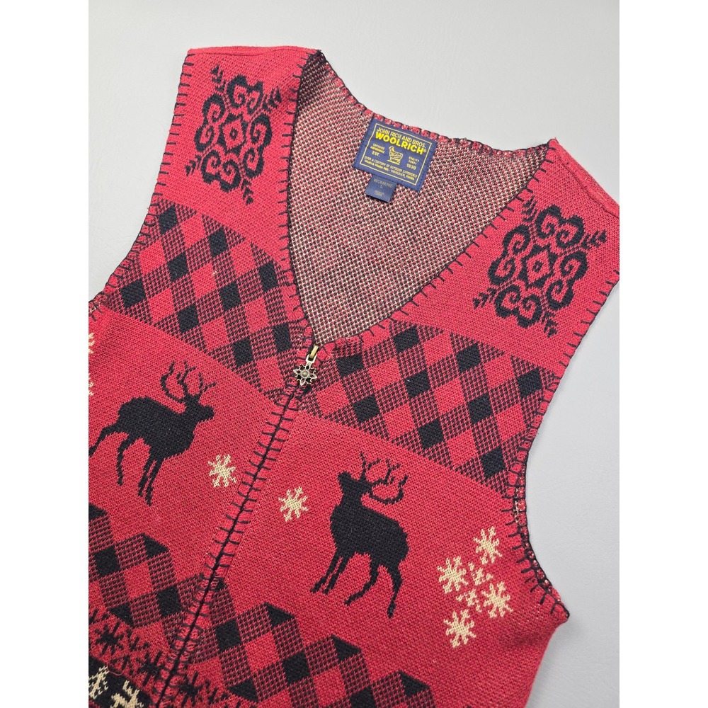 Woolrich Womens Red Reindeer Snowflake Knit Sweater Vest Full Zip Large 7358